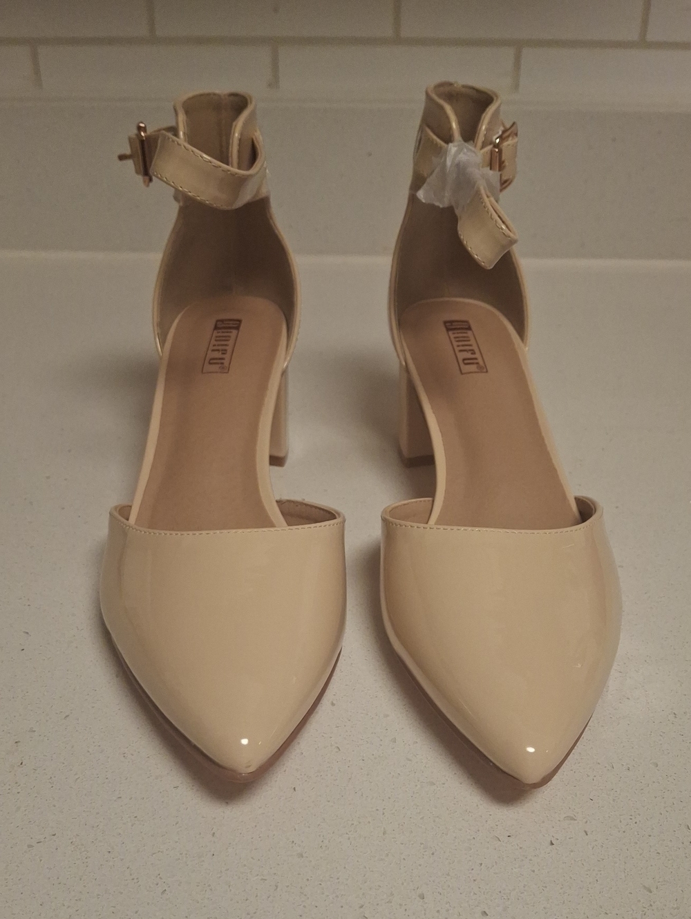 IDIFU Beige Patent Ankle-Strap Block Heel